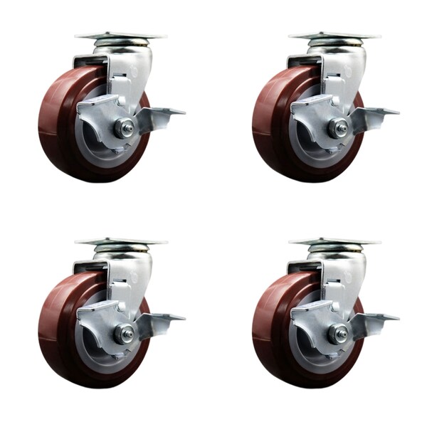 5 Inch Poly on Polyolefin Swivel Caster Set with Roller Bearings and Brakes SCC